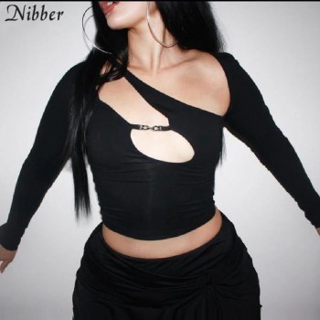 Nibber Hollow Out Crop Top Y2K Punk Tee Shirts For Women Asymmetrical Gothic Streetwear 2021 Spring Sexy Skinny Club Clothes Top